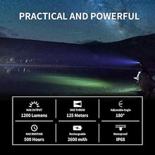 Load image into Gallery viewer, WUBEN H1 Rechargeable Headlamp, 1200 High Lumen Ultra Bright LED Head Lamp, 11 Modes 180°Adjustable IP68 Headlight with Red Light for Outdoors Camping Hunting Hiking Running Fishing Gear
