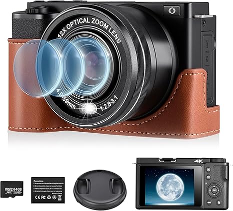 4K Digital Camera for Photography and Video, 12X Optical Zoom 64MP Autofocus Anti-Shake Vlogging Camera for YouTube, Built-in Fill Light and Flash Travel Camera with 64GB SD Card,Battery (Black)