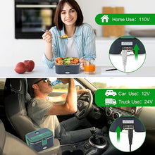 Load image into Gallery viewer, Electric Lunch Box Food Heater, 80W High-Power Food Warmer, 12V 24V 110V 3 in1 Portable Microwave for Car and Home, with Detachable 304 Stainless Steel Container Fork and Spoon(Royal Blue + Green)
