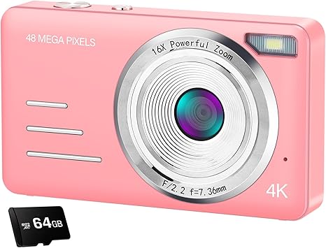 Digital Camera 4K Kids Camera Digital with 48MP High Resolution,16X Zoom Large 2.4'' Screen This Camera Comes with 64GB Micro SD Card,Big Battery for Kids Boys and Girls (Pink)