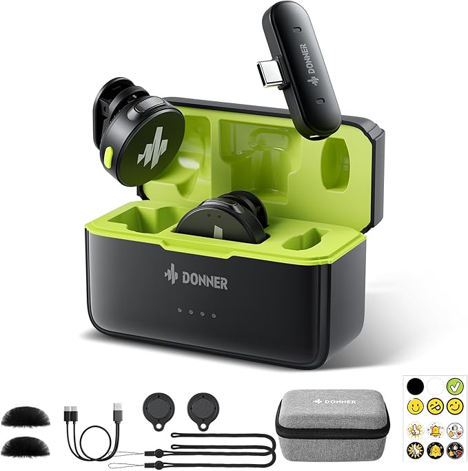 Donner Wireless Lavalier Microphone VPM-20 Mobile Vesion for USB-C iPhone iPad Android, with Charging Box, Dual-Channels Mics, Plug-Play, 1000ft Range, 48KHz 24Bit, Noise Cancellation, 40h Use Max