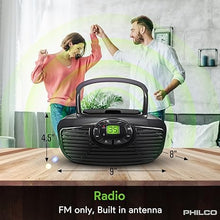 Load image into Gallery viewer, Philco Boombox Portable CD Player with Bluetooth, USB Playback and CD Player is Compatible with MP3/WMA/CD-R/CD-RW CDs, Auxiliary Input, Stereo Sound
