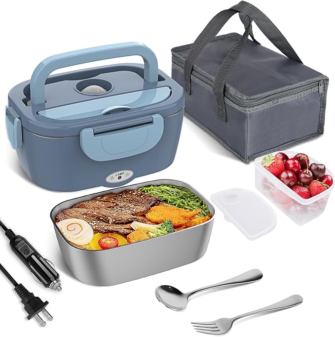 Vabaso Electric Lunch Box Food Heater, Electric Heating Lunch Boxes Lunch for Adults/Men/Truck/Car/Work, 80W 1.5L Removable 304 Stainless Steel Container, 110V/12V/24V, with Fork & Spoon