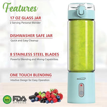 Load image into Gallery viewer, BRENTWOOD RJB-100BL Portable Battery-Operated USB-Chargeable Glass Blender, 17 oz, Blue
