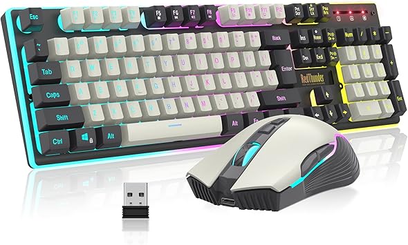 RedThunder K10 Wireless Gaming Keyboard and Mouse Combo, LED Backlit Rechargeable 3800mAh Battery, Mechanical Feel Anti-ghosting Keyboard + 7D 3200DPI Mice for PC Gamer (White-Gray)