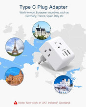 Load image into Gallery viewer, 2 Pack European Travel Plug Adapter, International Power Plug Adapter with 3 Outlets 3 USB Charging Ports(1 USB C), Type C Plug Adapter Travel Essentials to Most Europe EU Spain Italy France Germany
