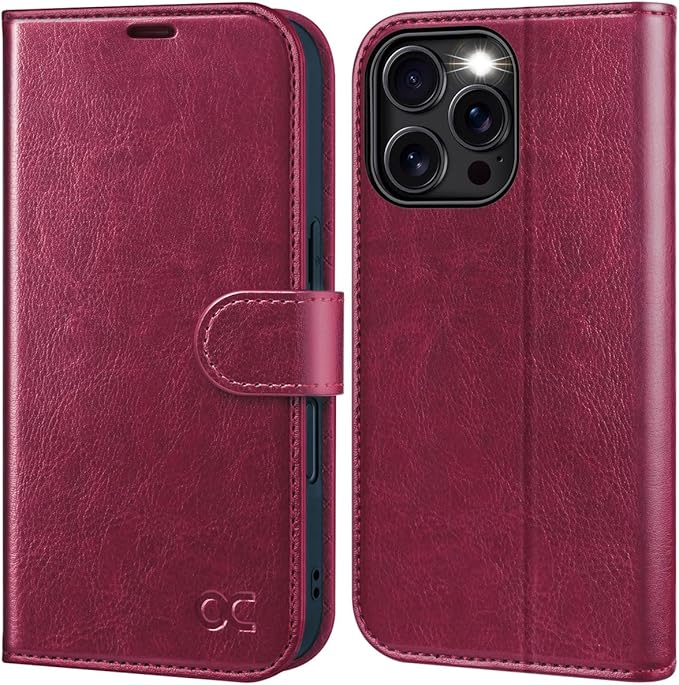 OCASE Compatible with iPhone 16 Pro Wallet Case, PU Leather Flip Folio Case with Card Holders RFID Blocking Kickstand [Shockproof TPU Inner Shell] Phone Cover 6.3 Inch 2024, Burgundy