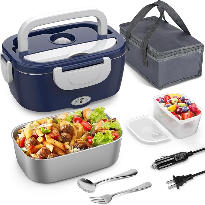 Electric Lunch Box for Adults, 3 in 1 Portable Heated Lunch Box for Car/Truck/Work, Heating Lunch Box with 1.5L Removable Stainless Steel Container, 110V 24V 12V, 80W-60W