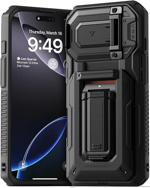 VRS DESIGN Origin Wallet Card Holder Case [3 Cards] for iPhone 16 Pro (2024), Rugged Semi-Automatic 3-Card Slot & Kickstand Case (Matte Black)