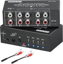 Load image into Gallery viewer, RCA 4-Way Bi-Directional Audio Switcher Splitter, 1 in 4 Out / 4 in 1 Out Stereo L/R Sound Channel Audio Switch Selector Splitter Box with Remote Control for Speakers Headphones Amps (Black)
