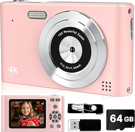 Digital Camera,FHD 1080P Camera with 64GB Card,44MP Digital Point and Shoot Kids Camera with Anti Shake 16X Zoom?Portable Small Camera Gift for Kid Girl Boy Teen (Pink)