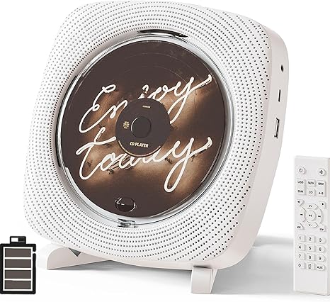 Portable CD Player with Speakers Rechargeable, Boombox CD Player for Home and Car, Fm Radio, USB and AUX Ports, Remote Control, Desktop and Wall Mounted, White, Gift