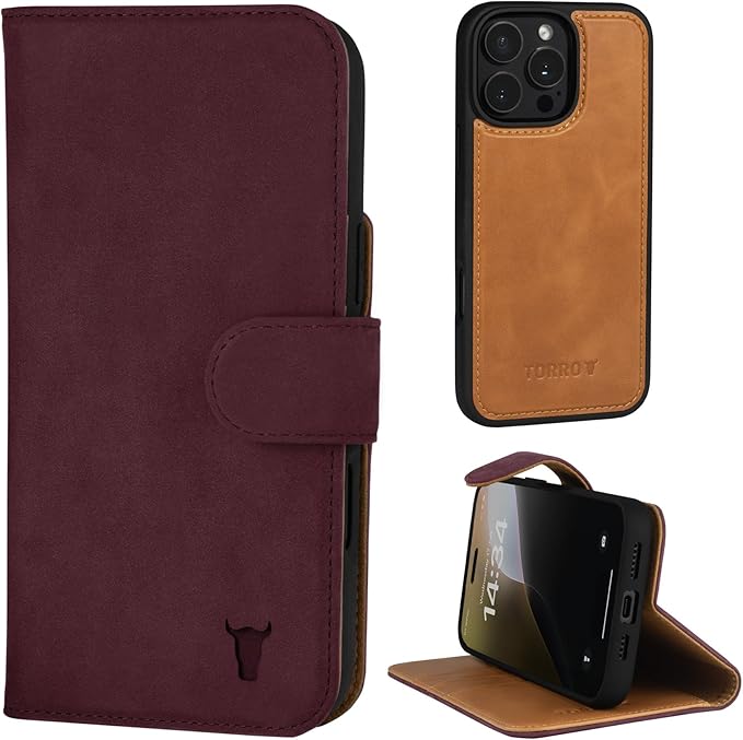 TORRO Nubuck Leather Case Compatible with iPhone 16 Pro Max – Leather Bumper Case with Magnetically Detachable Wallet Cover with Kickstand (Compatible with Official MagSafe Chargers) - Maroon Purple