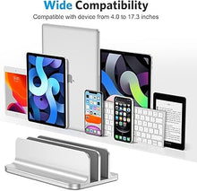 Load image into Gallery viewer, OMOTON [Updated Dock Version Vertical Laptop Stand, Double Desktop Stand Holder with Adjustable Dock (Up to 17.3 inch), Fits All MacBook/Surface/Samsung/HP/Dell/Chrome Book (Silver)
