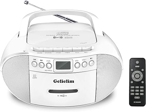 Gelielim CD and Cassette Player Combo, Portable Boombox AM/FM Radio, Tape Recording, 5.1V Bluetooth Speaker, USB Playback with Earphone Jack, Remote Control, AC/Battery Powered, for Home,Senior,Child