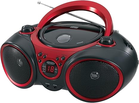 JENSEN CD-490 Portable Stereo CD Player with AM/FM Radio and Aux Line-in, Red and Black