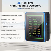 Load image into Gallery viewer, Air Quality Monitor,15-in-1 Smart Air Quality Tester with PM2.5/PM10,CO2,CO,TVOC,HCHO,AQI,Temperature &amp; Humidity, Timer, Real Time Display, Battery Powered, Air Quality Meter for Home&amp;Office
