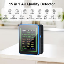 Load image into Gallery viewer, Air Quality Monitor,15-in-1 Smart Air Quality Tester with PM2.5/PM10,CO2,CO,TVOC,HCHO,AQI,Temperature &amp; Humidity, Timer, Real Time Display, Battery Powered, Air Quality Meter for Home&amp;Office
