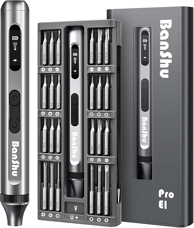 Banshu Electric Screwdriver, 52 in 1 Mini Electric Screwdriver Set with Metal Case, S2 Precision Bits, LED Light, Small Magnetic Professional Repair Tool Kit for Eyeglasses, Watch, PC, Laptop, Phone