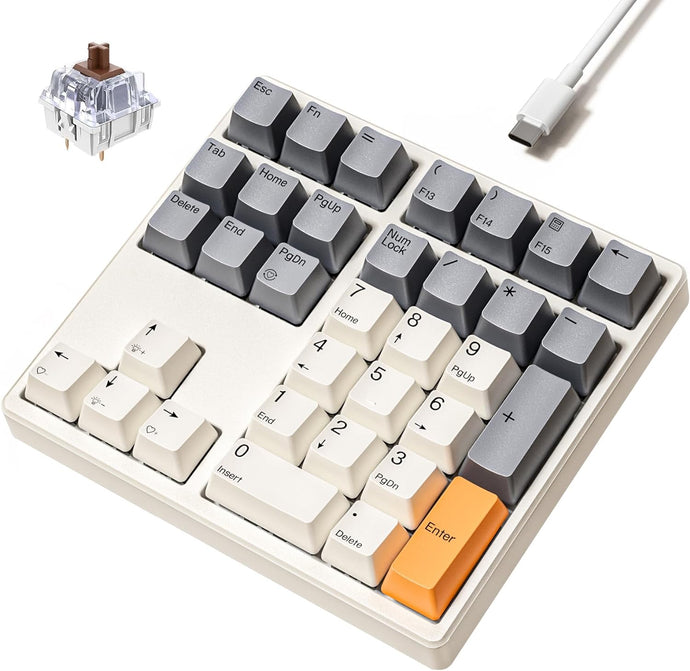 Kisnt Mechanical Number Pad, 34 Key Hot Swappable Numpad Wired USB Numeric Keypad with PBT Keycaps White Backlit Keypad for Laptop, MacBook,PC Desktop (Brown Switch)