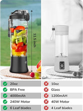 Load image into Gallery viewer, Portable Blender 20oz Large Capacity, 6 Blades Mini Blender for Shakes and Smoothies, BPA Free Personal Blender with Rechargeable USB, Fresh Juice Blender for On the Go, Black
