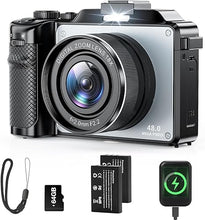 Load image into Gallery viewer, 4K Digital Camera for Photography and Video, 64MP Auto-Focus Anti-Shake Vlogging Camera with 20X Digital Zoom, Flash, Compact Travel Camera with 64GB TF Card, 2 Batteries and Battery Charger (Silver)
