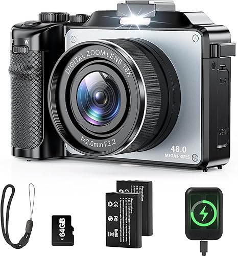 4K Digital Camera for Photography and Video, 64MP Auto-Focus Anti-Shake Vlogging Camera with 20X Digital Zoom, Flash, Compact Travel Camera with 64GB TF Card, 2 Batteries and Battery Charger (Silver)