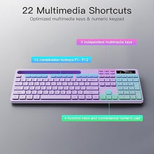 Load image into Gallery viewer, Wireless Keyboard and Mouse Combo, Soueto 2.4G Full-Sized Computer Keyboard with Phone Tablet Holder, 22 Multimedia Shortcuts, Numeric Keypad, 6 Button Silent Mouse for Windows, Mac (Purple)
