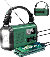 Load image into Gallery viewer, Emergency Hand Crank Weather Radio, 20000mAh AM/FM/NOAA Solar Powered Radio with Phone Charger, USB Charged, LED Flashlight Reading Lamp Headphone Jack, SOS Alarm, Compass for Emergency (Army Green)
