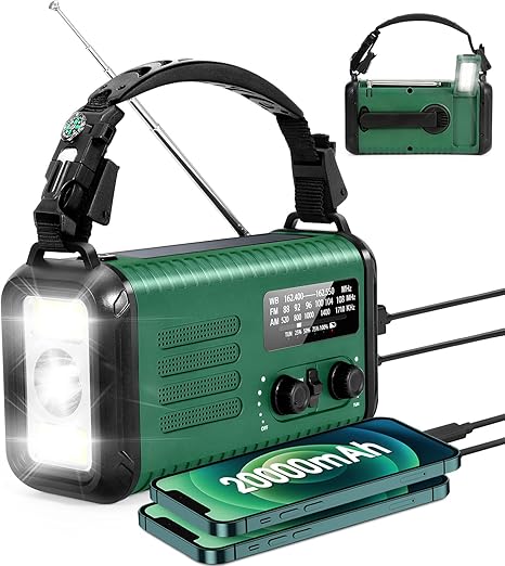 Emergency Hand Crank Weather Radio, 20000mAh AM/FM/NOAA Solar Powered Radio with Phone Charger, USB Charged, LED Flashlight Reading Lamp Headphone Jack, SOS Alarm, Compass for Emergency (Army Green)