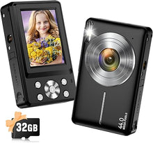 Load image into Gallery viewer, Digital Camera, 2024 Upgraded 1080P 44MP Digital Cameras for Kids, Digital Point and Shoot Camera with 16X Zoom, 32GB SD Card, Time Stamp, Compact Small Travel Camera for Boys Girls Teens, Black
