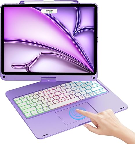 Swivel Wireless Keyboard Case for iPad Pro 12.9 (6th/5th/4th/3rd Gen), Rainbow Backlits & Multi-Touch Trackpad, Magic 360° Rotatable Protective Keyboard Cover with Pencil Holder, Thin & Light - Purple