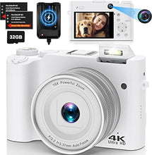 Load image into Gallery viewer, 4K Digital Camera for Photography, Dual 64MP Autofocus Vlogging Camera for YouTube, 2.8&quot; Screen Compact Travel Camera with 32GB SD Card, Anti-Shake, Flash, 16X Digital Zoom, 2 Batteries &amp; Charger
