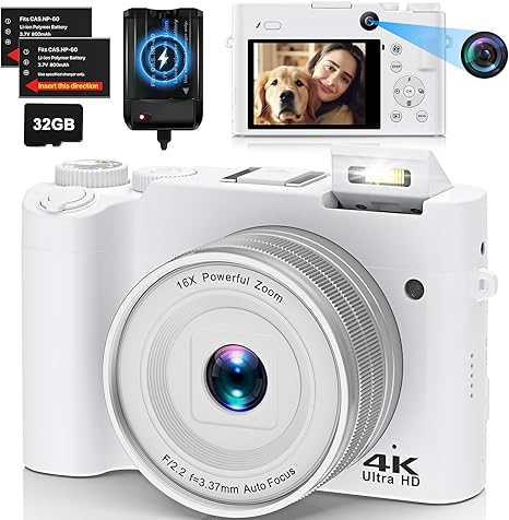 4K Digital Camera for Photography, Dual 64MP Autofocus Vlogging Camera for YouTube, 2.8