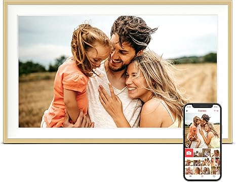Digital Picture Frame, Frameo 15.6 inch Large Digital Photo Frame Wifi, 32GB Capacity, 1920*1080 IPS FHD Touch Screen, Electronic Frame Slideshow, Tabletop&Wall-Mounted, Gifts for Mom, Women, Golden