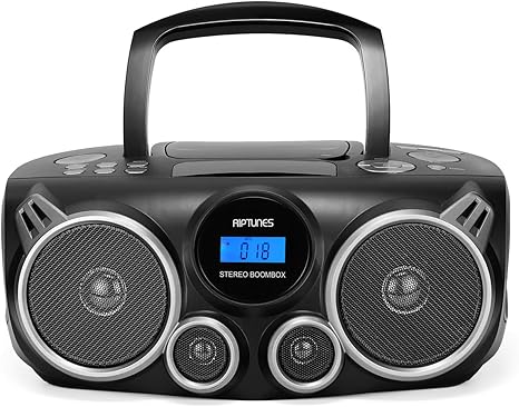 RIPTUNES Portable CD Player Bluetooth Stereo Sound System Digital AM FM Radio, MP3 CD Boombox USB SD PALYBACK with Enhanced Bass, Aux in, Headphone Jack, CD-R/CD-RW Compatible LCD CLOCK Display, Black