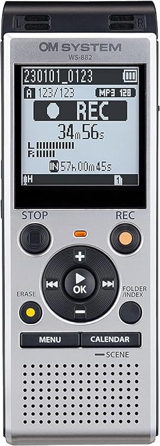 OM SYSTEM WS-882 4GB Digital Stereo Voice Recorder, Silver/Black