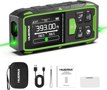 Load image into Gallery viewer, Huepar Dual Laser Measuring Tool, 393Ft Green-Beam Bilateral Digital Laser Distance Measure 6 Units Ft/in/M, Rechargeable Laser Measurement Tool -Backlit LCD Display, Length/Area/Volume/Angle Sensor

