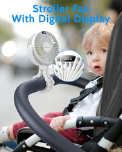 Load image into Gallery viewer, SWEETFULL Portable Stroller Fan with LED Display 4000mAh Battery Powered Mini Clip Fan, 4-Speed Rechargeable Small Personal Fan Handheld Desk Cooling Fan for Car Seat Crib Treadmill Travel(White)
