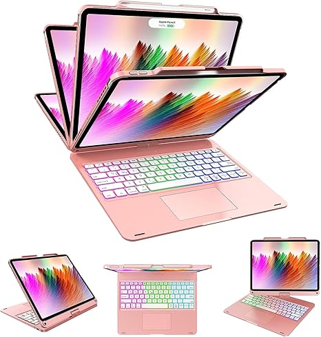 Swivel Wireless Keyboard Case for iPad Pro 12.9 (6th/5th/4th/3rd Gen), Rainbow Backlits & Multi-Touch Trackpad, Magic 360° Rotatable Protective Keyboard Cover with Pencil Holder,Thin & Light-Rose Gold