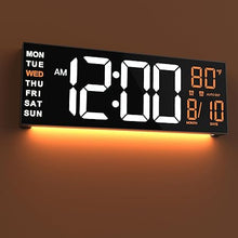Load image into Gallery viewer, JALL 16&quot; Large Digital Wall Clock Timer, Remote Controll, 2 Alarms, LED Display, 8 RGB Color, Auto DST, Temperature for Living Room, Bedroom, Desk, Mounted, Gift for Elderly (White Orange, 16 inches)
