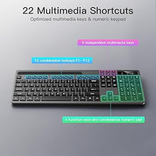 Load image into Gallery viewer, Wireless Keyboard and Mouse Combo, Soueto 2.4G Full-Sized Computer Keyboard with Phone Tablet Holder, 22 Multimedia Shortcuts, Numeric Keypad, 6 Button Silent Mouse for Windows, Mac (Black-Gray)
