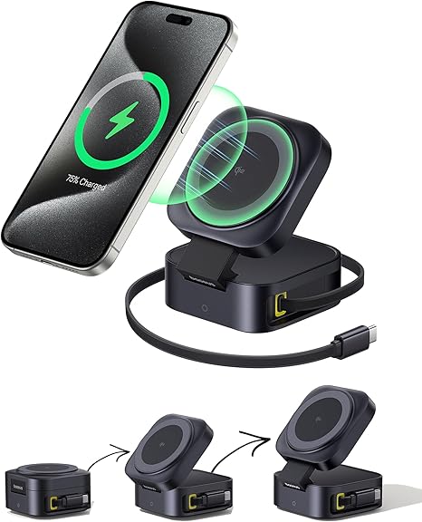 Baseus PicoGo W2 Wireless Charger, Qi2 Certified 15W Magnetic Charger Stand with 65W Retractable Cable, 2-in-1 Wireless Charging Station for Tablet, iPhone 16/15/14/13/12 Series, AirPods