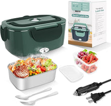 Load image into Gallery viewer, Electric Heated Lunch Boxes Adults: 80W Electric Lunch Box Food Heated 12/24/110V 1.5L Heatable Lunch Box for Car/Truck/Office Leak-Proof Stainless Steel Container, Fork &amp; Spoon, Bag (Dark Green)
