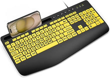 Load image into Gallery viewer, SABLUTE Large Print Keyboard Wired Computer Keyboards with Wrist Rest, Phone Holder, Big Letters Easy to Read Compatible Windows, Desktop, Laptop, Yellow
