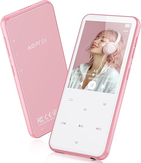 AGPTEK 64GB MP3 Player with Bluetooth, M3 2.4 inch Music Player with Speaker and FM Radio, Touch Buttons, Supports Up to 128GB, Pink