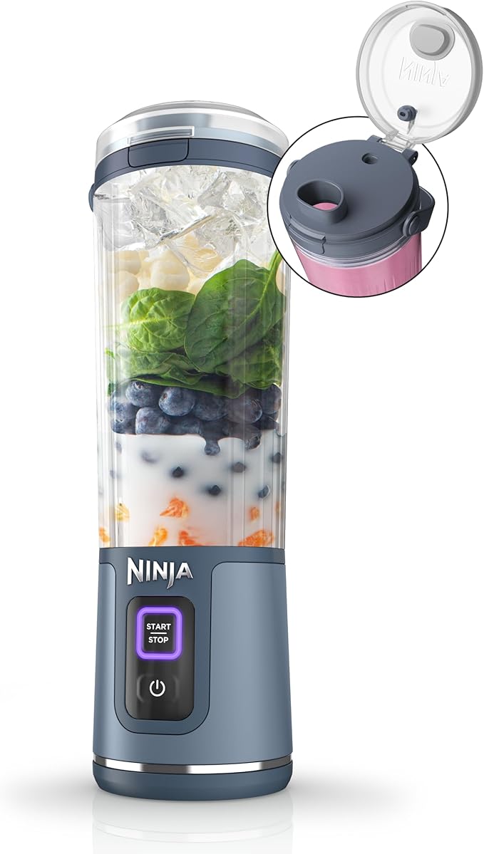 Ninja BC151NV Blast Portable Blender, Cordless, 18oz. Vessel, Personal Blender-for Shakes & Smoothies, BPA Free, Leakproof-Lid & Sip Spout, USB-C Rechargeable, Dishwasher Safe Parts, Denim Blue