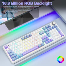 Load image into Gallery viewer, AULA F99 Pro Wireless Mechanical Keyboard with Knob,Tri-Mode BT5.0/USB-C/2.4GHz Hot Swappable Keyboard,Pre-lubed Switches,Gasket Structure,RGB Backlit Computer Gaming Keyboard (White&amp;Blue&amp;Purple)
