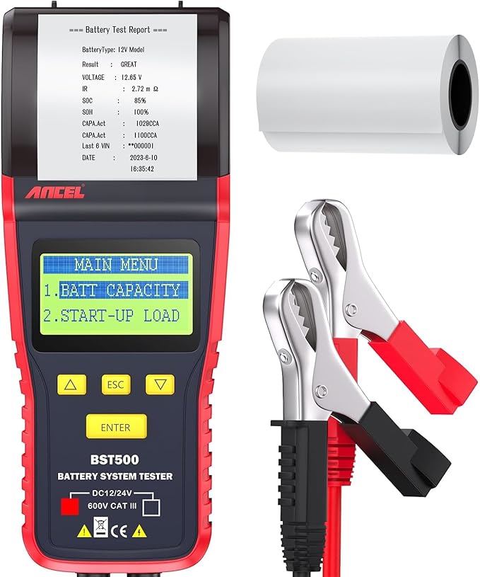 ANCEL BST500 Battery Tester with Printer, 12V 24V Car Battery Load Tester Automotive, 99% Accuracy Auto Battery Analyzer Tester, Cranking Charging System Test Tool for Car Heavy Duty Truck SUV ATV RV