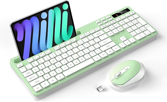 Wireless Keyboard and Mouse Combo, Soueto 2.4G Full-Sized Computer Keyboard with Phone Tablet Holder, 22 Multimedia Shortcuts, Numeric Keypad, 6 Button Silent Mouse for Windows, Mac (Light Green)